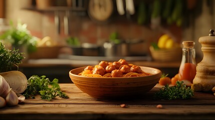 A Rustic Bowl of Traditional Spaghetti and Meatballs Surrounded by Fresh Herbs in an Informal Dining Ambiance