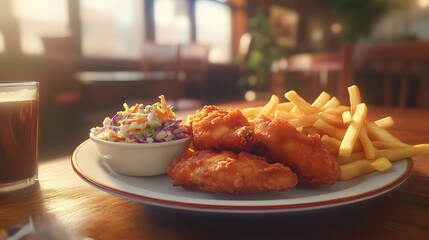 A Cozy Diner's Delight: Crispy Fried Chicken with Fries and Coleslaw
