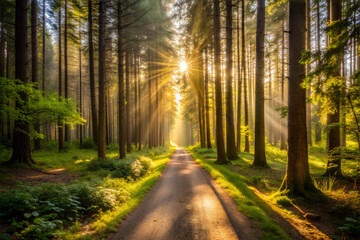 A Narrow Dirt Path Through a Sunlit Forest
