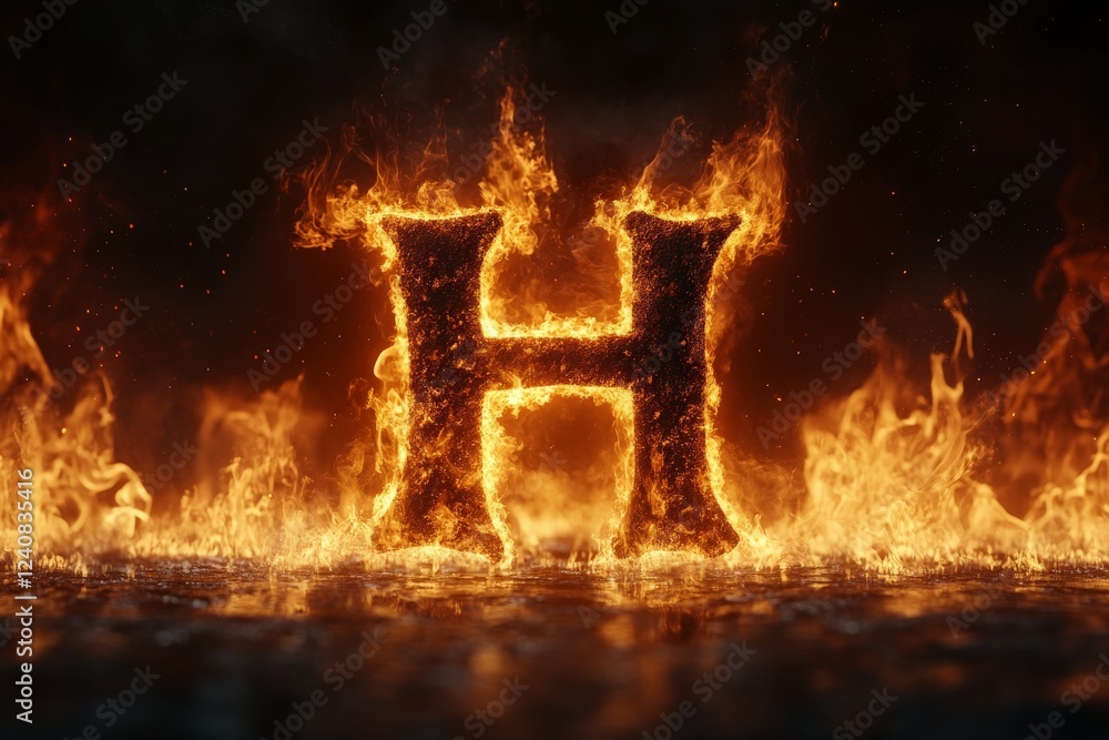 Poster flaming letter h illuminated by fire on a dark background creating a dramatic effect