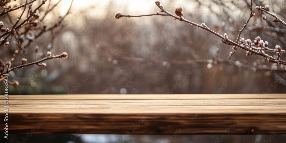 Poster rustic wooden table with winter branches and soft sunlight background