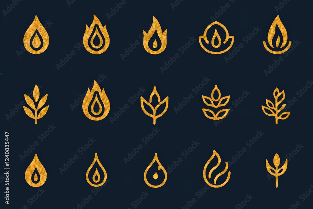 Poster Collection of minimalist fire, leaf, and water symbols arranged in a grid pattern on a dark background