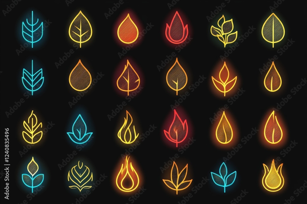 Poster bright and colorful neon leaves and flames collection on a dark background showcasing various nature