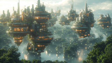 Obraz premium Futuristic Floating Cities Green Landscape Aerial View Digital Art Sky City Urban World Trees Nature