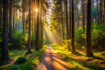 Fototapeta premium A Narrow Dirt Path Through a Sunlit Forest