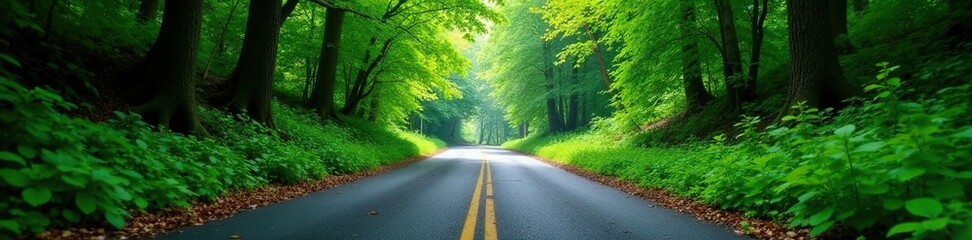 Obraz premium Dense foliage covering an asphalt concrete road in the woods, forest, branches