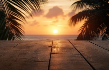 Serene Tropical Sunset Over the Ocean with Wooden Tabletop
