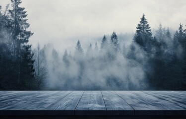 Serene Winter Forest with Fog and Snow Covered Wooden Table