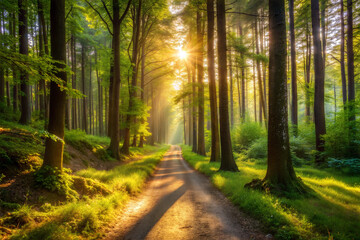 Fototapeta premium A Narrow Dirt Path Through a Sunlit Forest