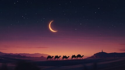 Naklejka premium Silhouetted Camels Traveling Through a Desert at Night Under a Crescent Moon and Starry Sky