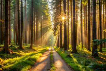 Fototapeta premium A Narrow Dirt Path Through a Sunlit Forest