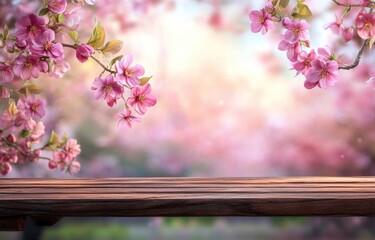 Soft Pink Blossoms and Wooden Tabletop Spring Background