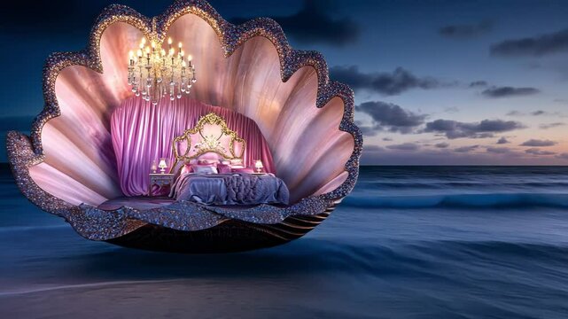 A luxurious bed nestled in a giant shell by the ocean at sunset.
