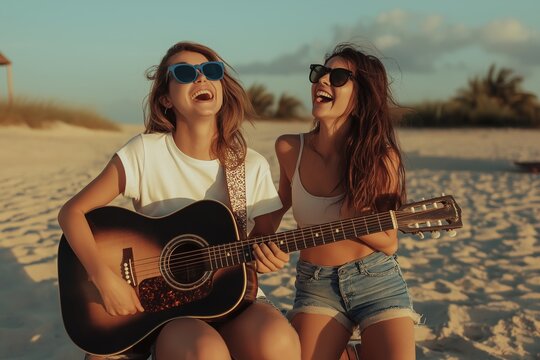 Experience a Joyful Summer Vacation with Friends at the Beach, soaking up the Sun and enjoying the delightful Guitar Melodies that accompany our relaxing moments by the waves and sand