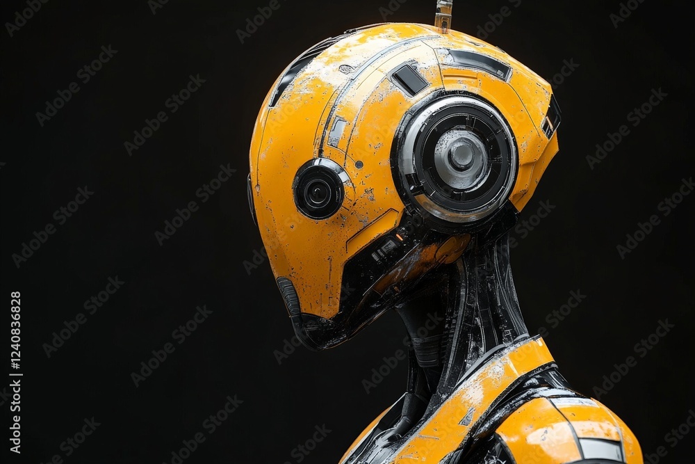 Poster robot with an orange and black design showcasing intricate details against a dark background