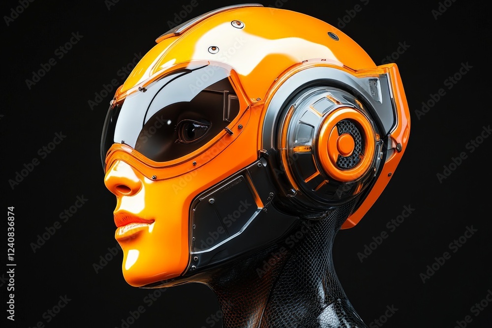 Poster futuristic orange robot head with sleek design showcasing advanced technology and modern aesthetics 