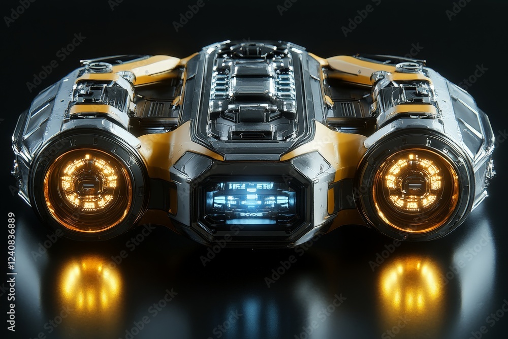 Poster Futuristic vehicle with glowing lights displayed on a reflective surface in advanced design