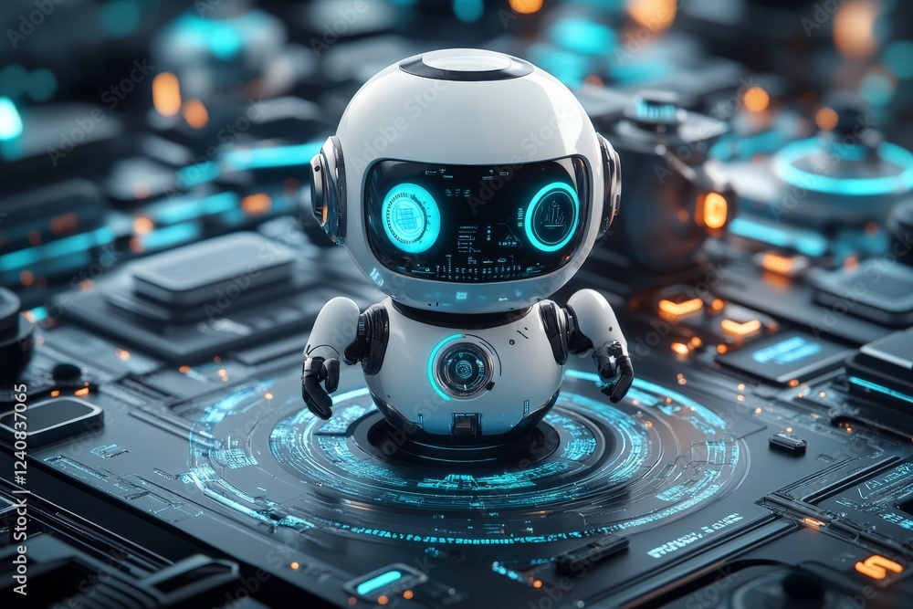Aufkleber small robotic character stands on a futuristic digital surface with glowing interfaces and buttons i