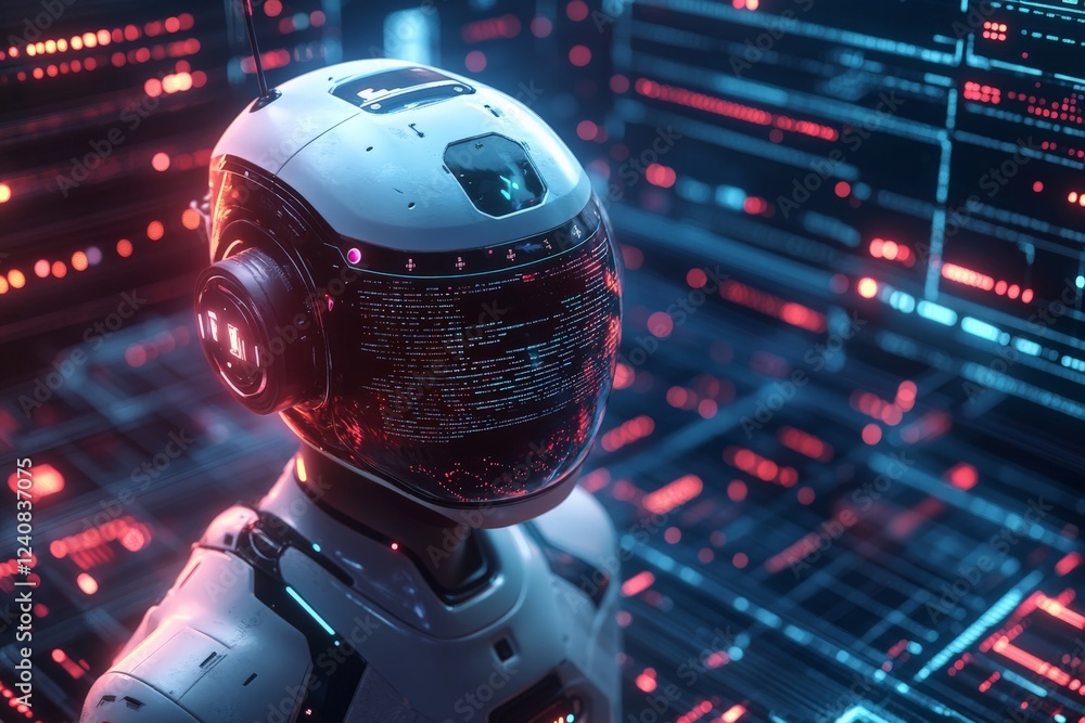 Poster futuristic robot with glowing visor stands in a high-tech digital environment filled with neon light
