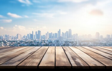 Urban Skyline at Sunrise with Wooden Tabletop
