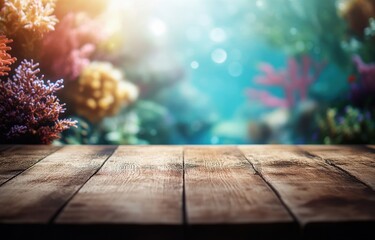 Vibrant Coral Reef Underwater Scene with Wooden Tabletop