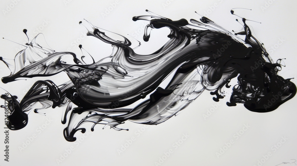 Poster abstract black and white fluid art with swirling patterns and dynamic movement, creating sense of en