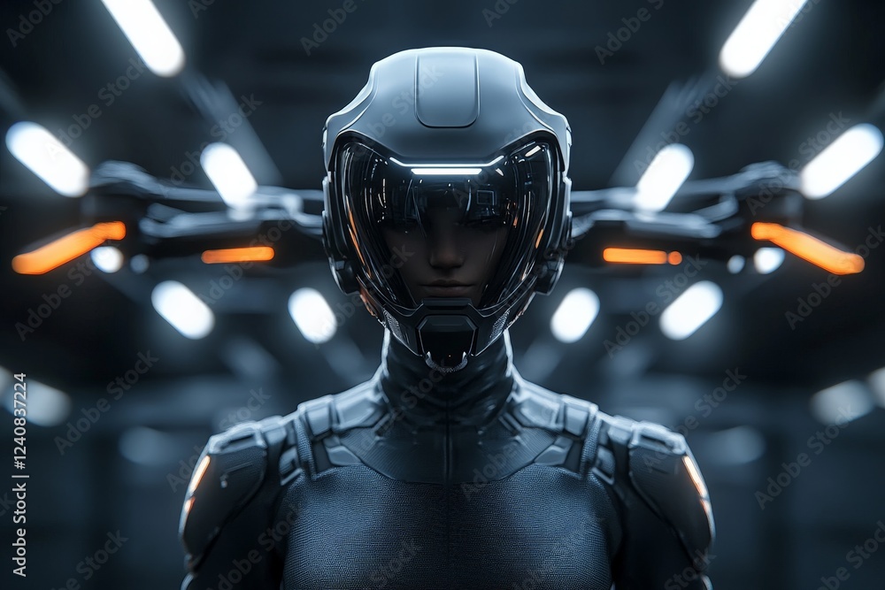 Leinwandbilder futuristic armored figure standing in a high-tech environment with glowing lines and intricate detai