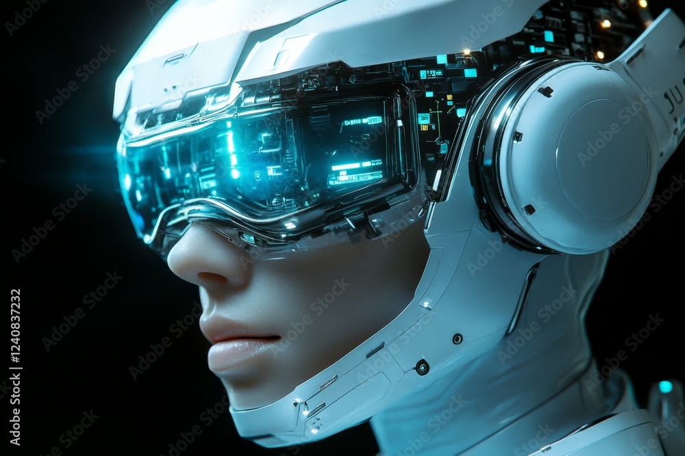 Fototapete futuristic humanoid robot with high-tech visor in a dark environment showcasing advanced technology 