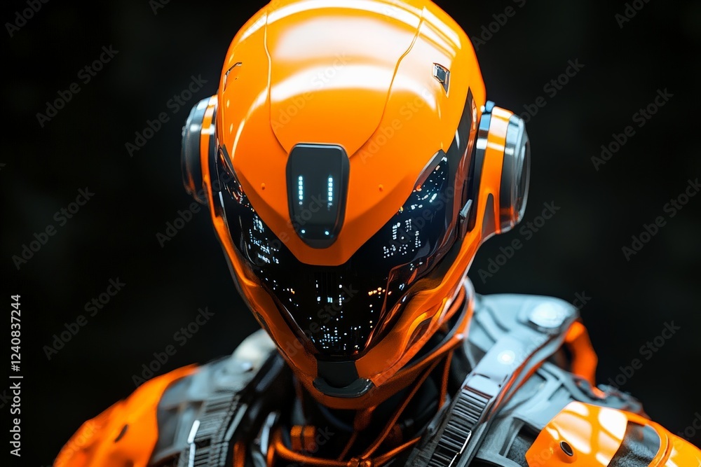 Poster Futuristic robot with orange armor and high-tech visor stands against a dark backdrop in a sci-fi setting