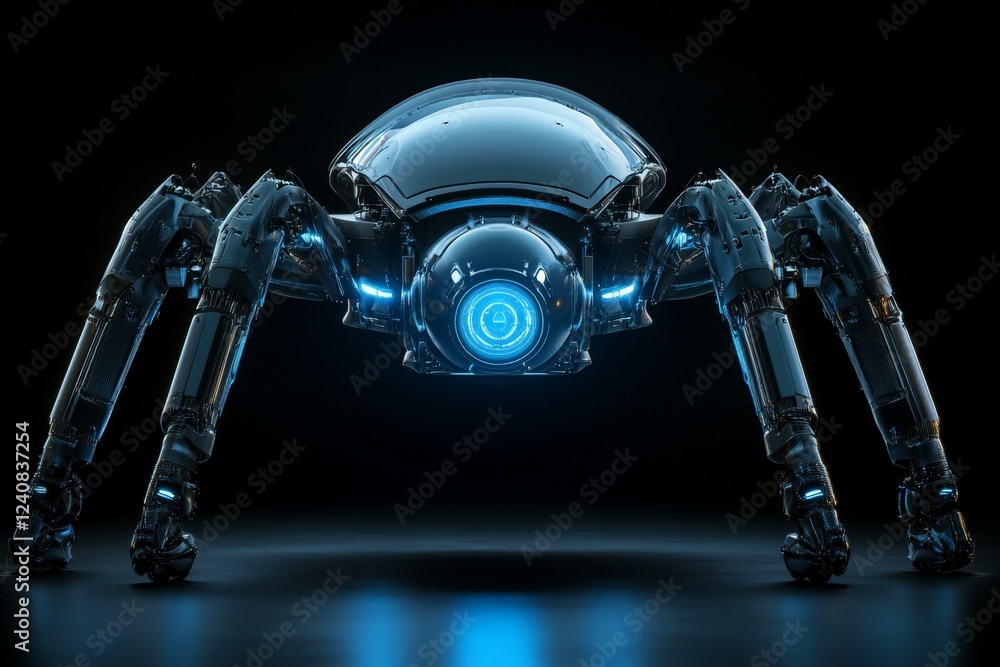 Poster futuristic robotic spider with glowing features exploring a dark environment
