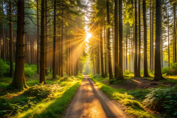 Fototapeta premium A Narrow Dirt Path Through a Sunlit Forest