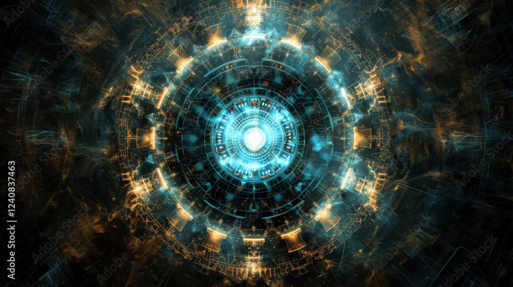 Poster abstract digital art featuring glowing circular pattern with intricate designs and vibrant blue and 
