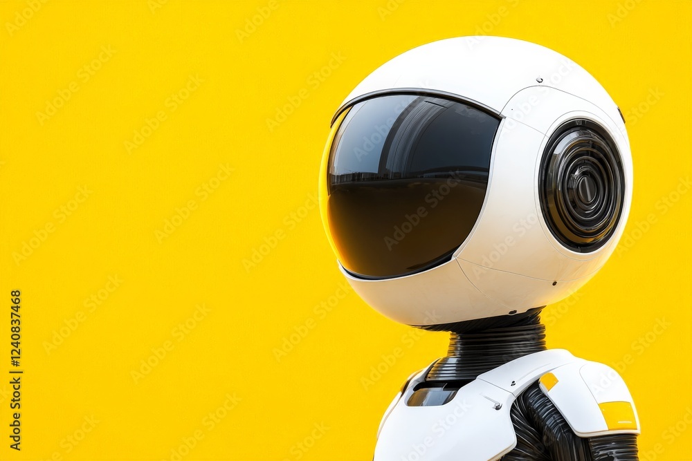 Poster robot model with helmet and sleek design against vibrant yellow background