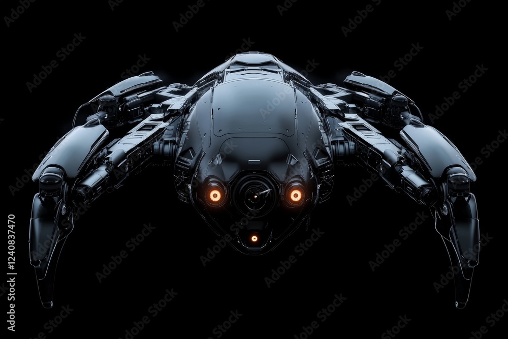 Poster detailed view of a futuristic robotic spider design with illuminated features against a dark backgro