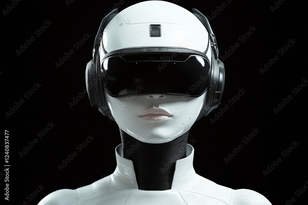 Aufkleber futuristic humanoid robot wearing virtual reality headset and headphones in a minimalist setting