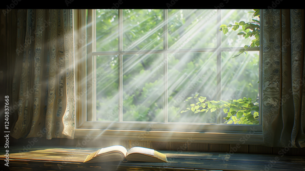 Poster sunlit window with rays of light illuminating open book on wooden table, creating serene and peacefu