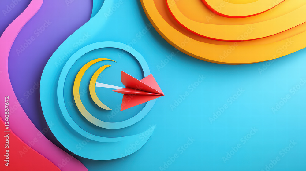 Poster colorful paper plane navigating towards target in vibrant abstract background. design features swirl