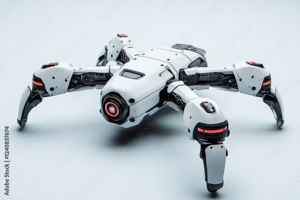 Poster robotic spider model displayed on a sleek surface, showcasing advanced technology and design feature