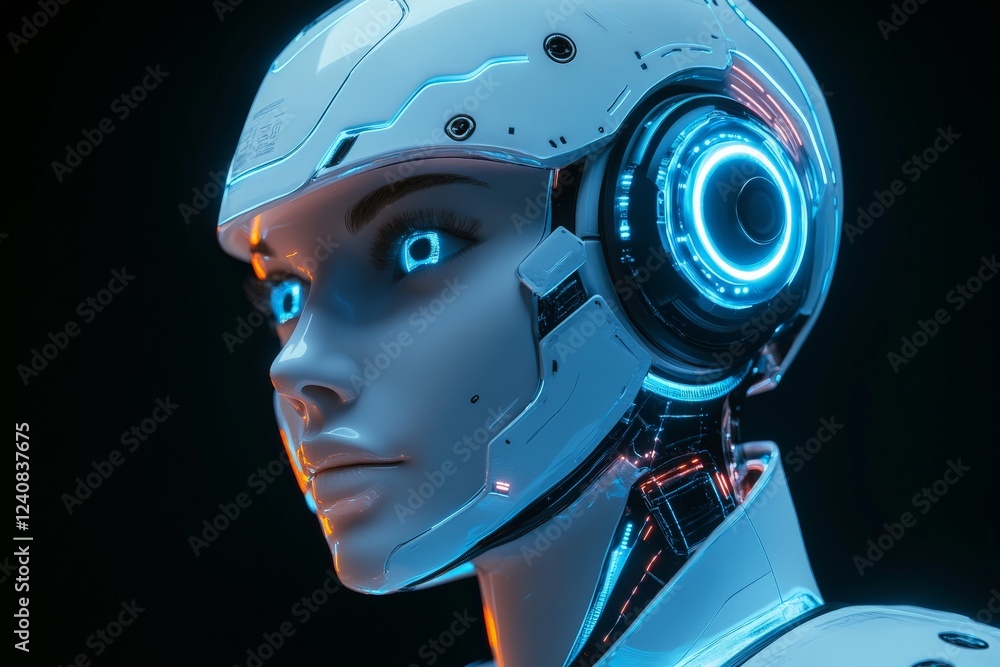 Poster futuristic humanoid robot with illuminated features and advanced technology in a dark setting