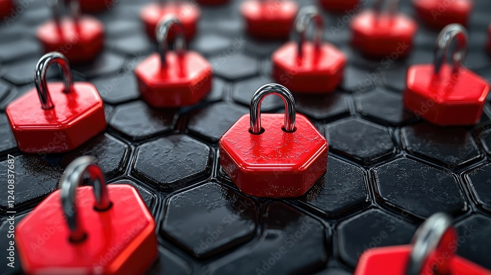 Poster red hexagonal locks on a dark grid surface