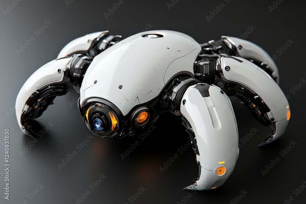 Poster compact robotic spider with advanced sensors and multi-jointed legs on a sleek black surface