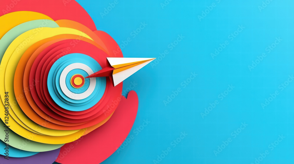 Poster colorful paper plane navigating towards target on vibrant background, symbolizing focus and determin