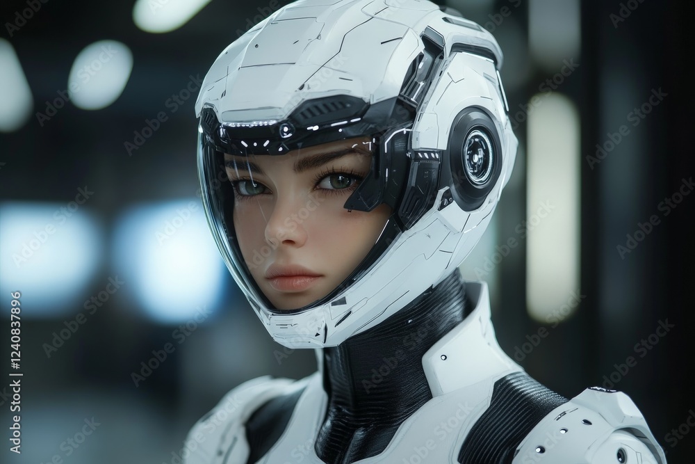 Poster Futuristic robot with sleek design and advanced helmet in a high-tech environment