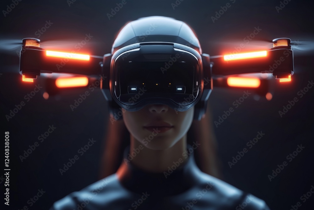 Poster innovative technology merges with human experience using a futuristic drone helmet in a dark environ