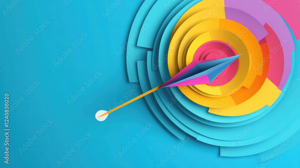 Poster colorful paper plane navigating towards target in vibrant design. image features concentric circles 
