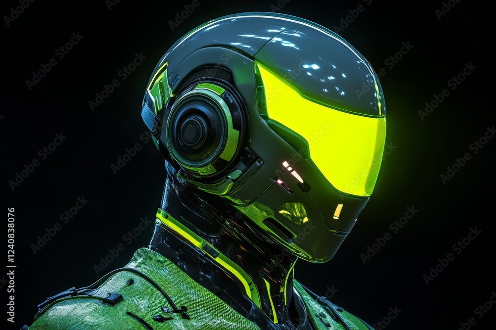 Aufkleber futuristic robotic figure with neon accents standing against a dark background in a sci-fi setting