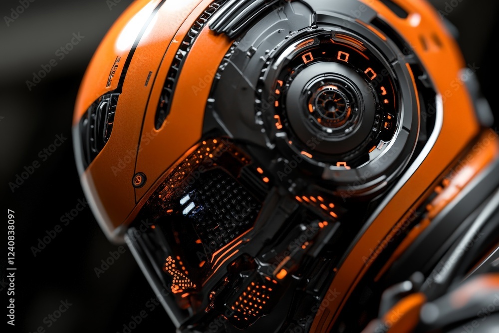 Poster futuristic orange helmet with intricate design and glowing details showcases advanced technology and