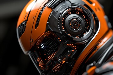 Fototapeta premium Futuristic orange helmet with intricate design and glowing details showcases advanced technology and craftsmanship