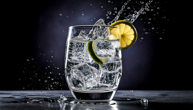 Gin tonic with ice cubes, studio light, water splash on black background