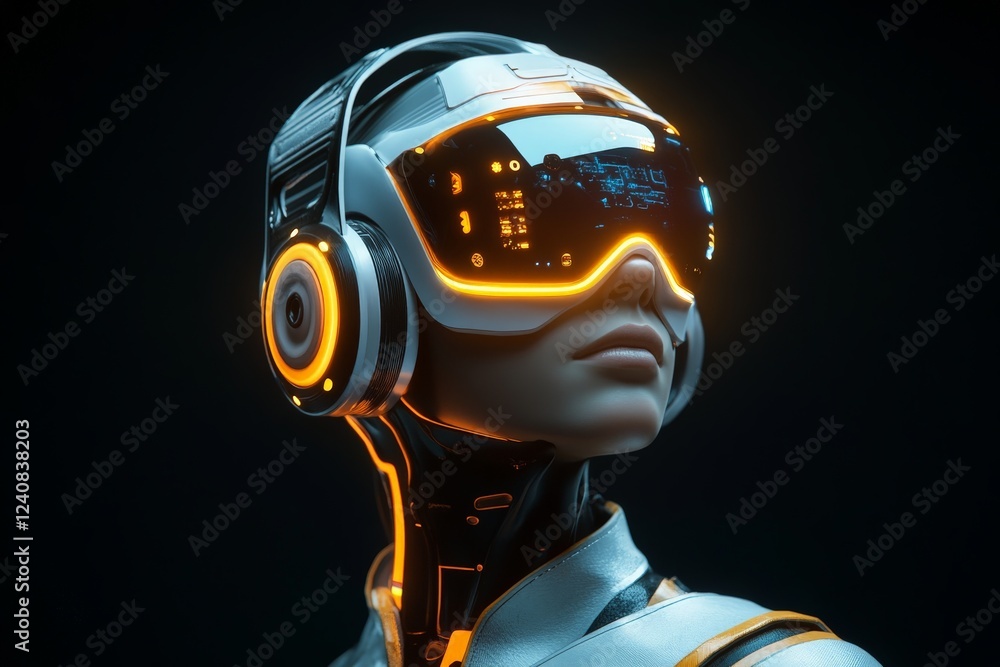 Aufkleber futuristic robot with glowing visor and headphones in a dark environment
